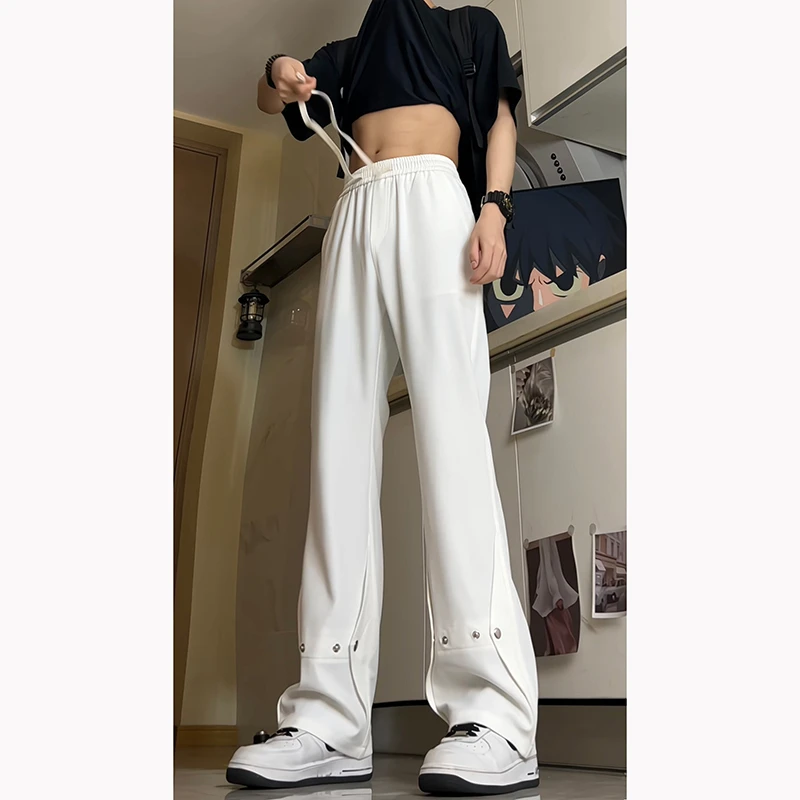 白色微喇冰丝垂感铆钉西裤男夏季美式cleanfit潮牌高级感直筒裤子