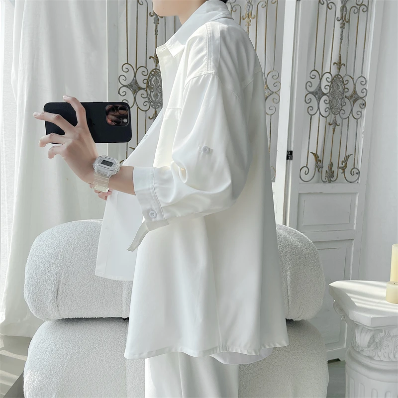 白色冰丝工装短袖衬衫男夏季美式潮牌七分半袖衬衣高级感大码外套