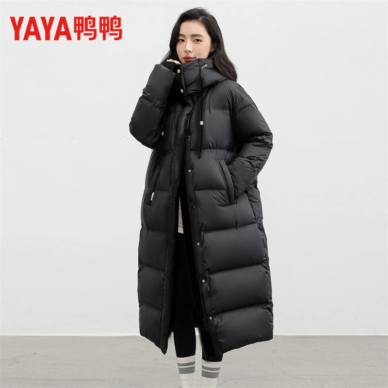 YAYA/鸭鸭中长款保暖羽绒服2025年秋冬拼色加厚通勤休闲羽绒服女