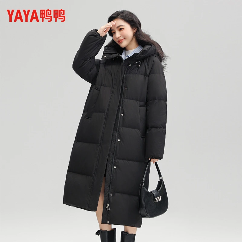 YAYA/鸭鸭厚款中长款羽绒服女款连帽保暖时尚秋冬季户外长袖外套