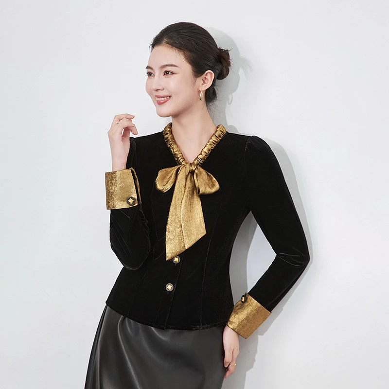 丝绒法式蝴蝶结系带洋气拼色收腰显瘦上衣女衬衫长袖秋冬 2433411