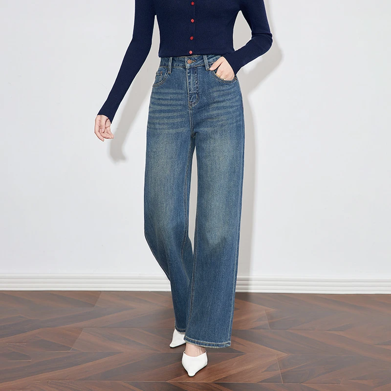 时尚复古磨白窄版阔腿牛仔裤女秋季小个子高腰显瘦直筒裤2430213