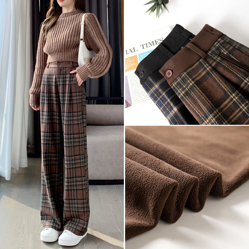 加绒毛呢格子阔腿裤女秋冬季2023新款高腰垂感窄版加厚休闲直筒裤