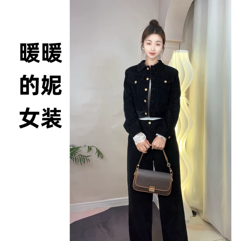秋冬时尚新款百搭高级感显瘦外套上衣女高腰直筒裤两件套套装