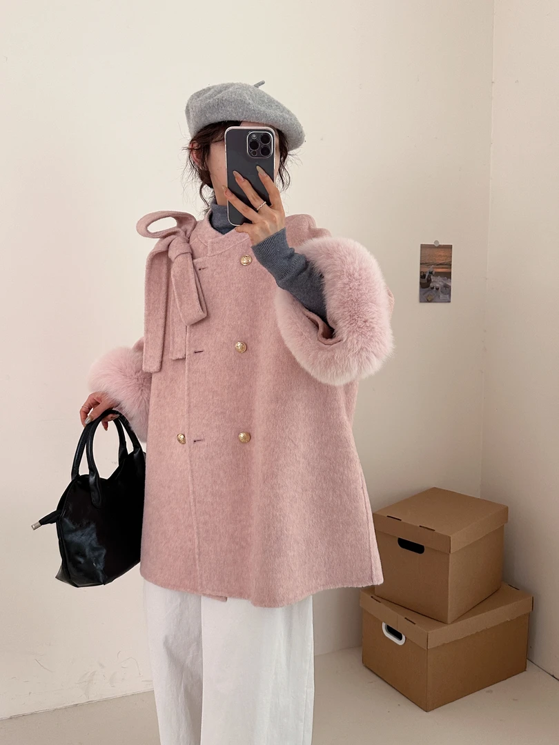 【晴推荐】【温莎千金】蝴蝶结双面羊毛大衣女狐狸毛呢外套秋冬
