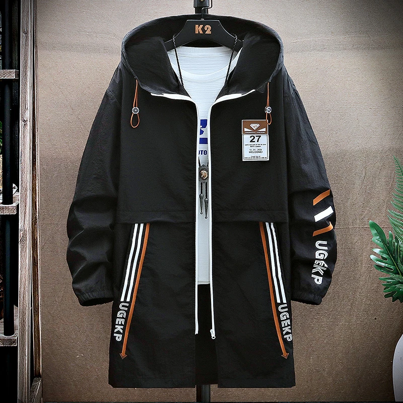 防晒衣男士休闲中长款潮流夏季薄款百搭透气帅气冰丝连帽上衣外套