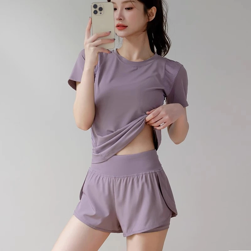 夏季运动套装女修身显瘦专业跑步训练健身瑜伽服骑行晨跑透气网孔