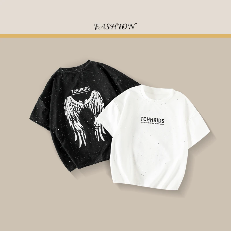 （两件装）童装短袖纯棉夏季宽松百搭烫钻圆领韩版夏季男童女童