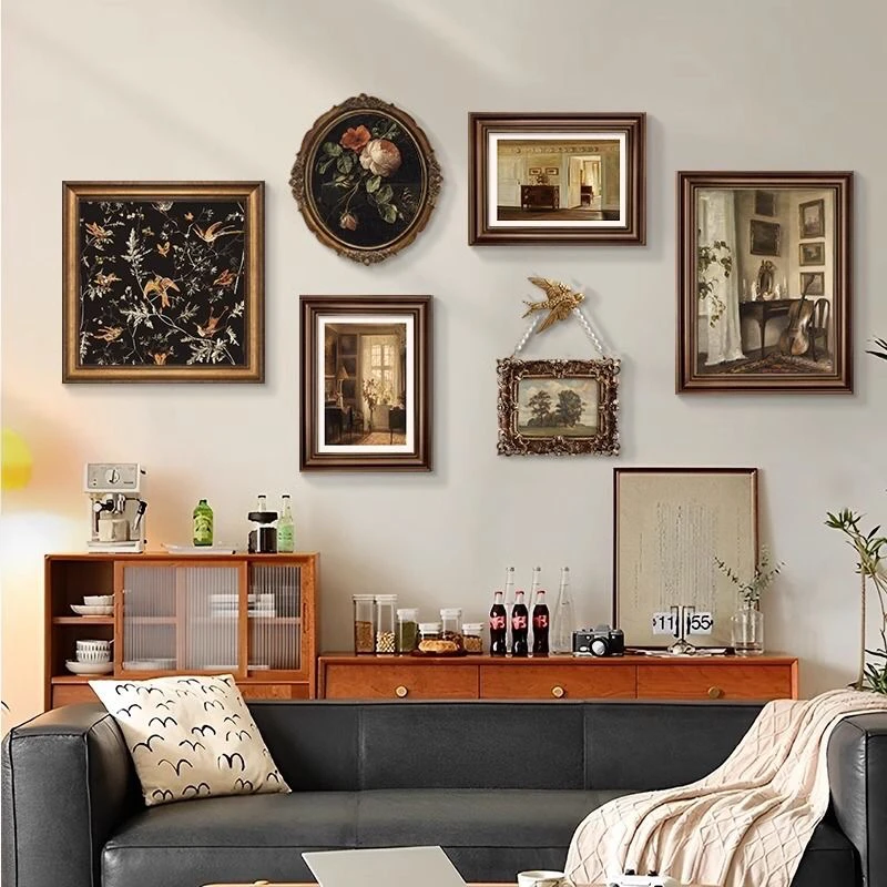 法式挂画美式复古装饰画客厅沙发背景墙中古小众艺术餐厅组合画