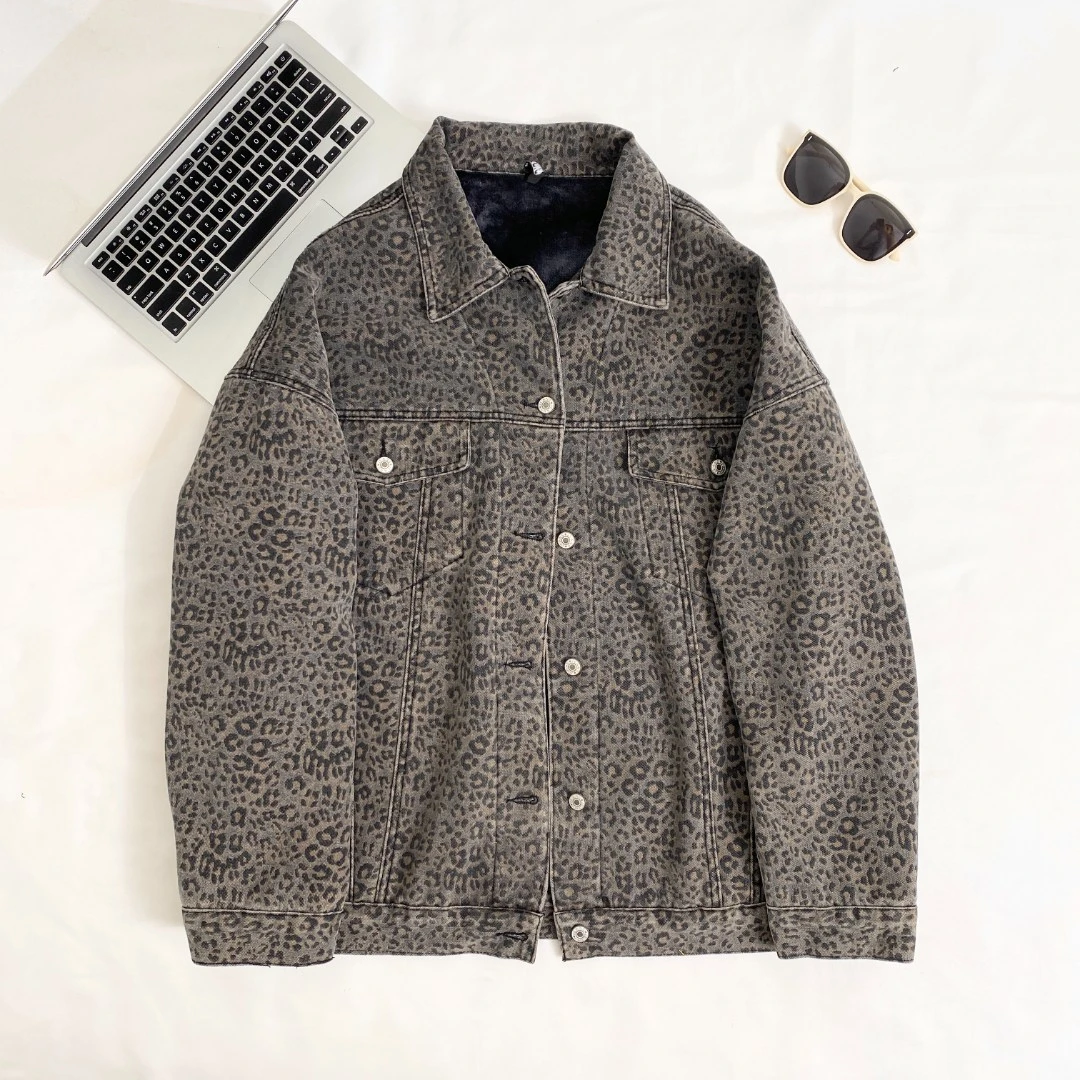 【“豹纹牛仔”小韩日记】加绒牛仔外套复古时尚休闲秋冬豹纹88028