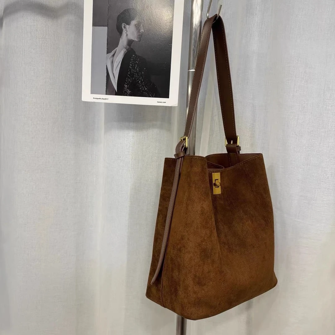 韩可可 复古水桶包  百搭大容量上班通勤单肩斜挎托特包3972