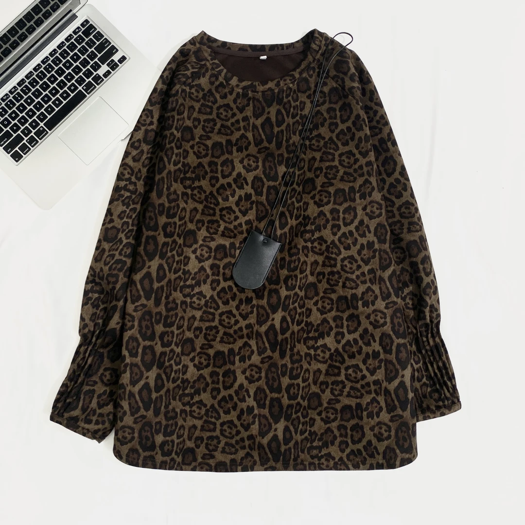 【‘’豹纹衫‘’小韩日记】大码长袖T恤时尚休闲百搭宽松复古秋冬88331