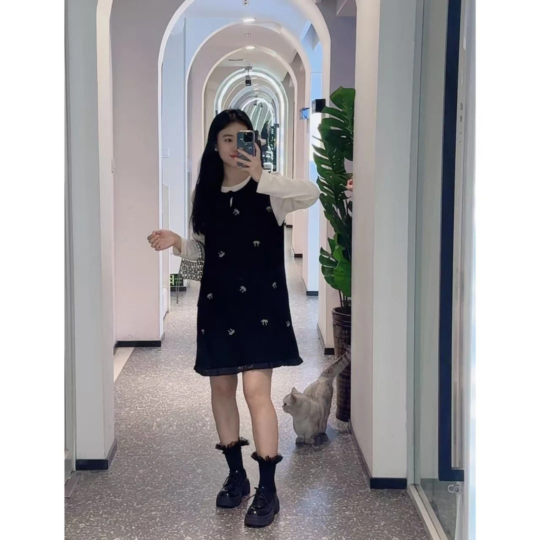 连衣裙时尚气质显瘦黑色减龄中长款秋冬小香风连衣裙+打底两件套