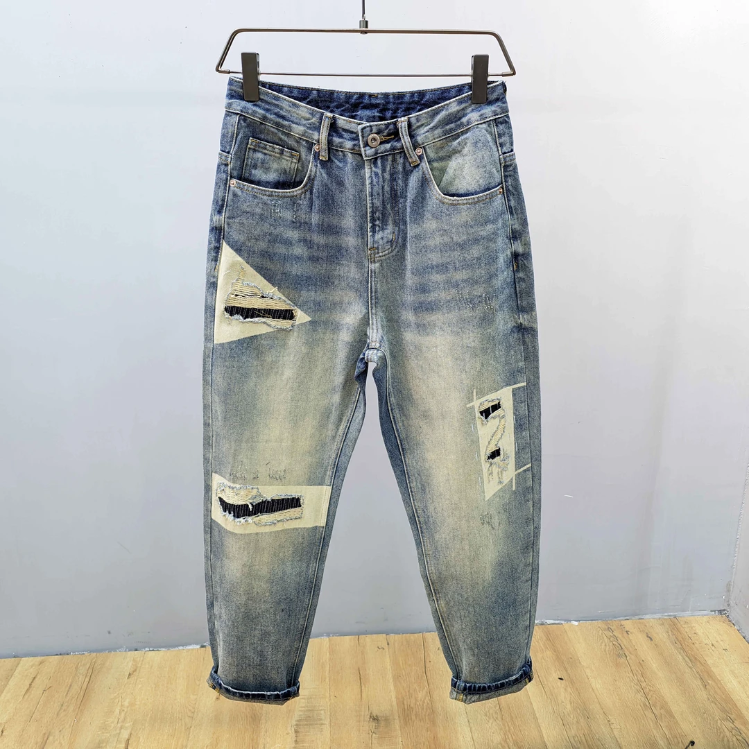 秋季新款浅复古落色破洞牛仔裤男士宽松小直筒休闲百搭微锥形裤子