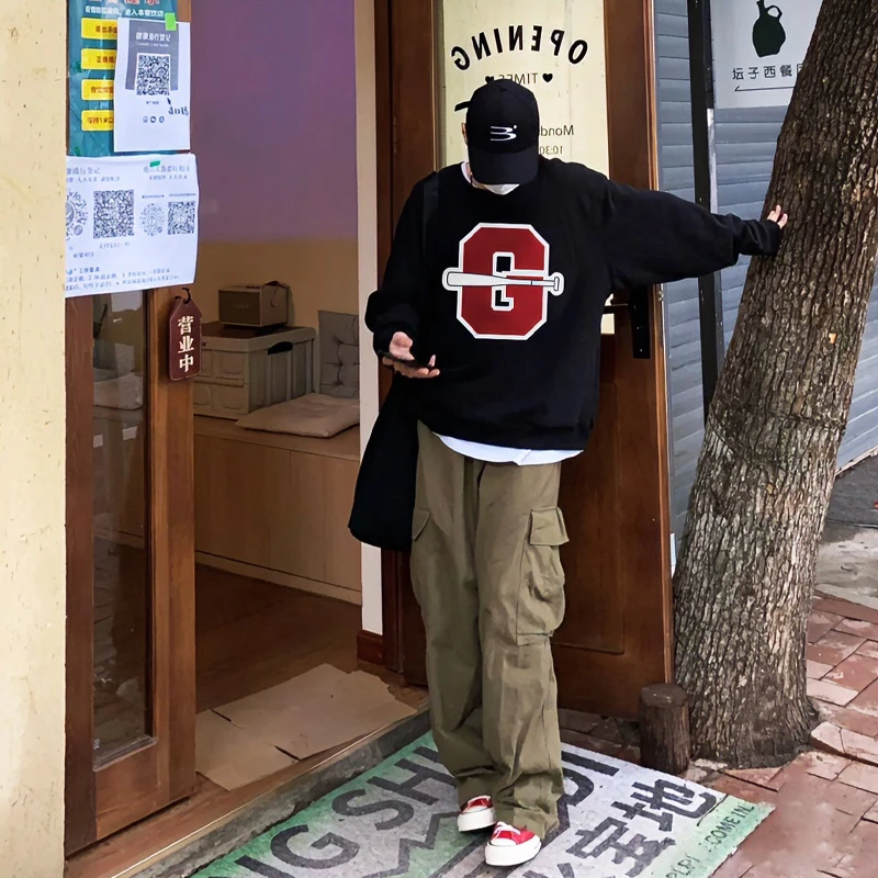 美式卫衣男加厚小众高街潮牌秋冬季复古oversize宽松圆领加绒百搭