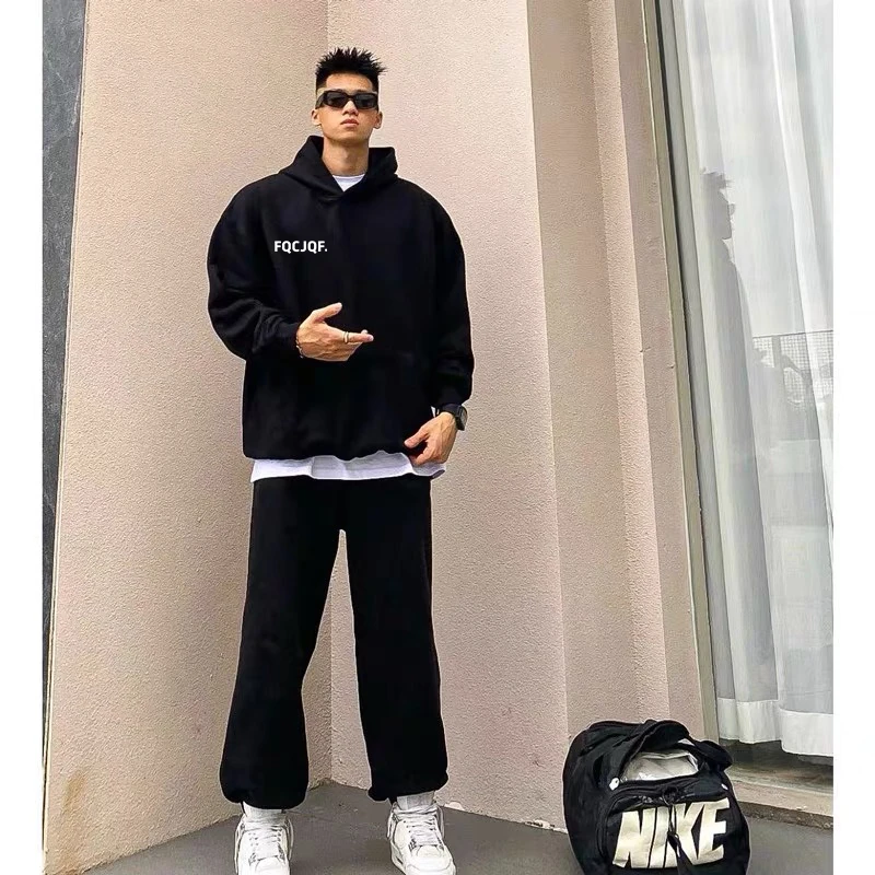 美式长袖T恤百搭时尚宽松卫衣连帽上衣外套圆领男加绒加厚秋冬ins