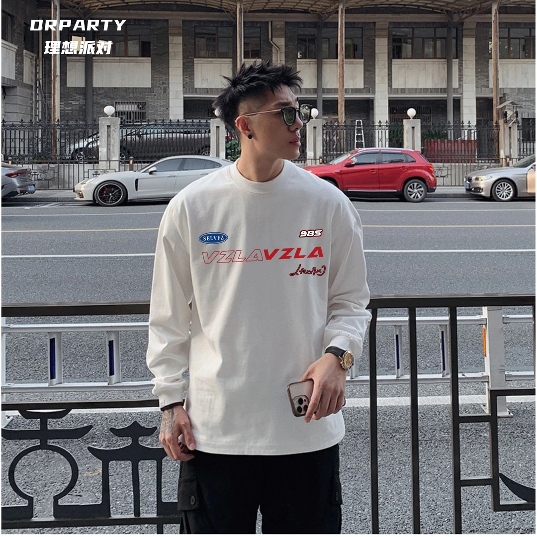 美式街头国潮牌嘻哈hiphop长袖T恤男女同款纯棉宽松白色设计感ins