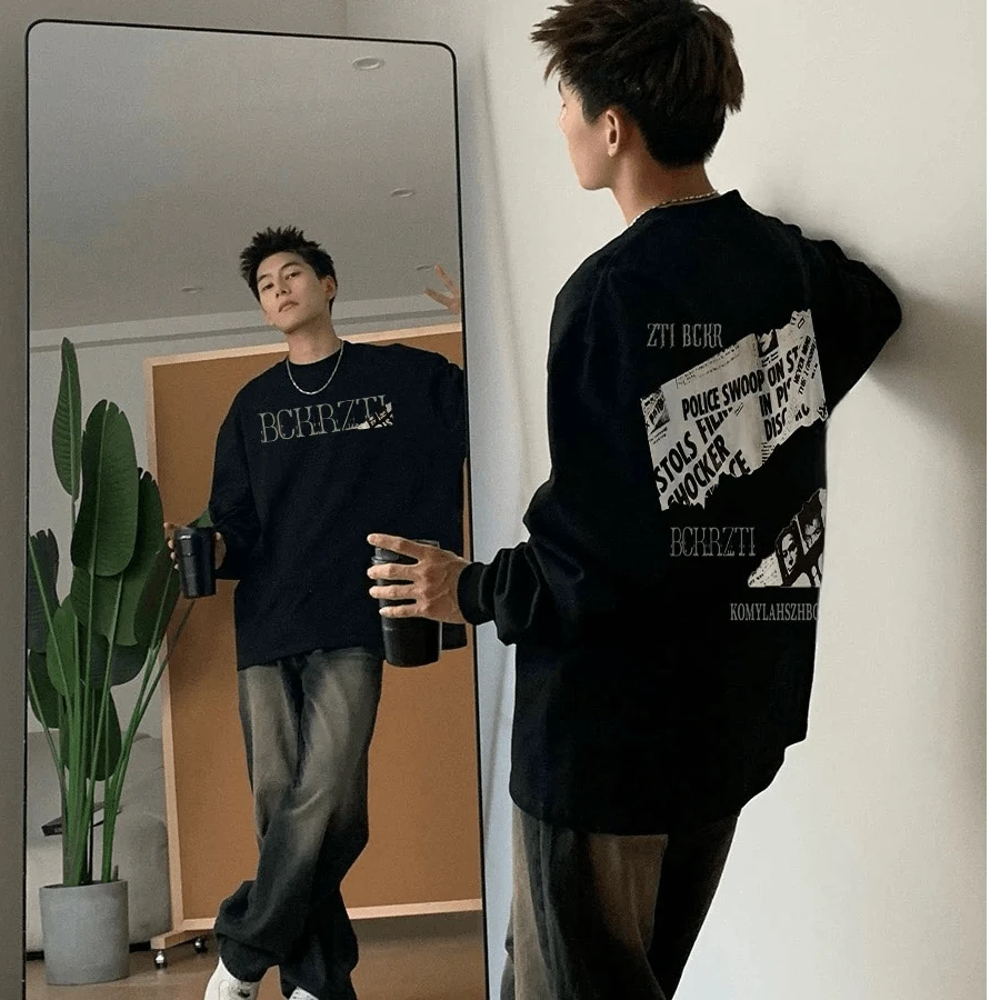 重磅纯棉潮牌美式高街痞帅圆领男装春秋季港风百搭长袖T恤上衣