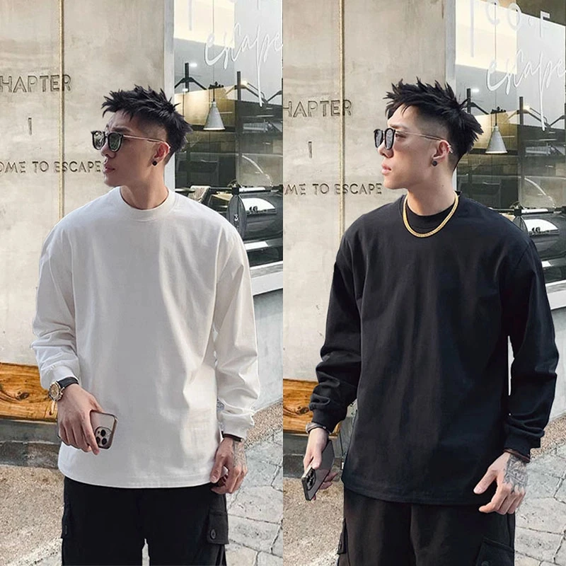 260克正肩潮流小圆领男士宽松T恤秋冬休闲春秋内搭港风纯棉打底衫