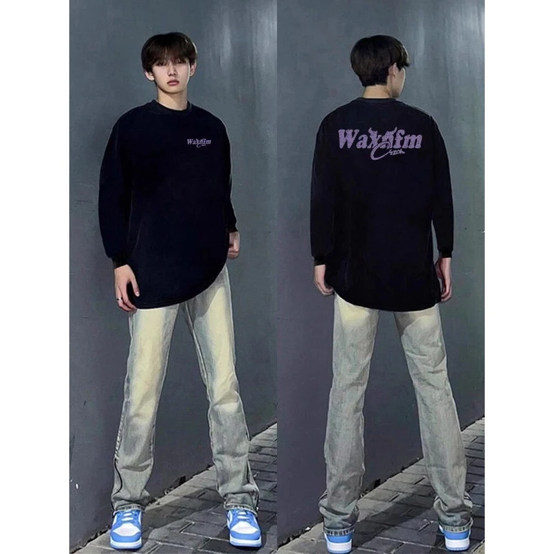 美式小众设计感字母长袖T恤男秋冬季宽松小领口百搭情侣打底体恤