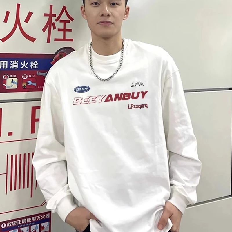 字母印花纯棉长袖t恤圆领男款春秋季美式潮牌休闲宽松白色上衣ins