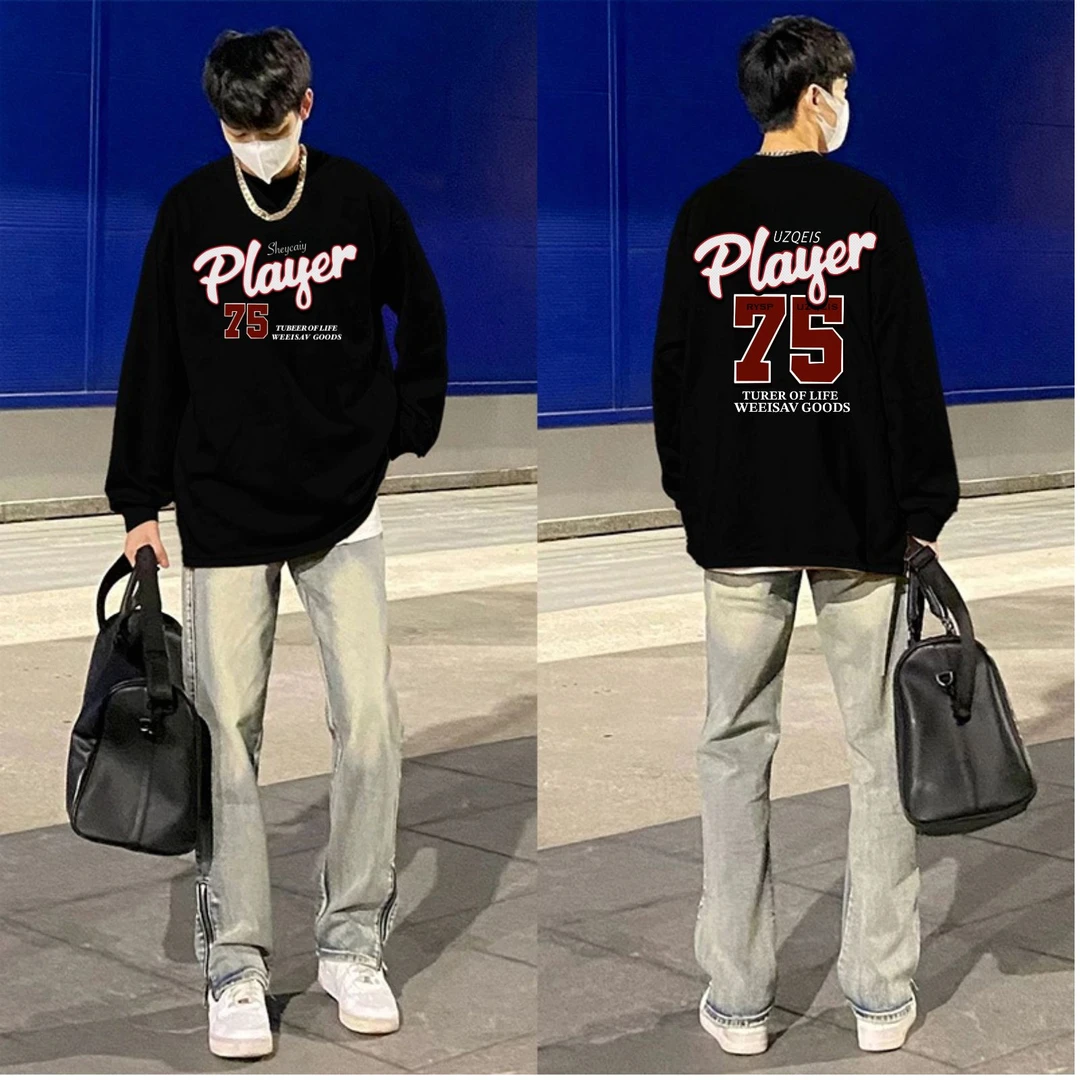 春秋季长袖T恤男新款美式打底衫宽松复古重磅纯棉上衣小众街头潮