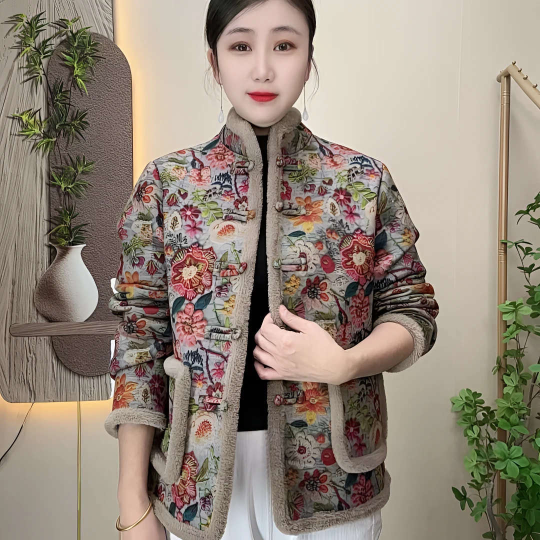 冬季新款加绒新中式盘扣妈妈装气质休闲女士加绒保暖棉衣外套