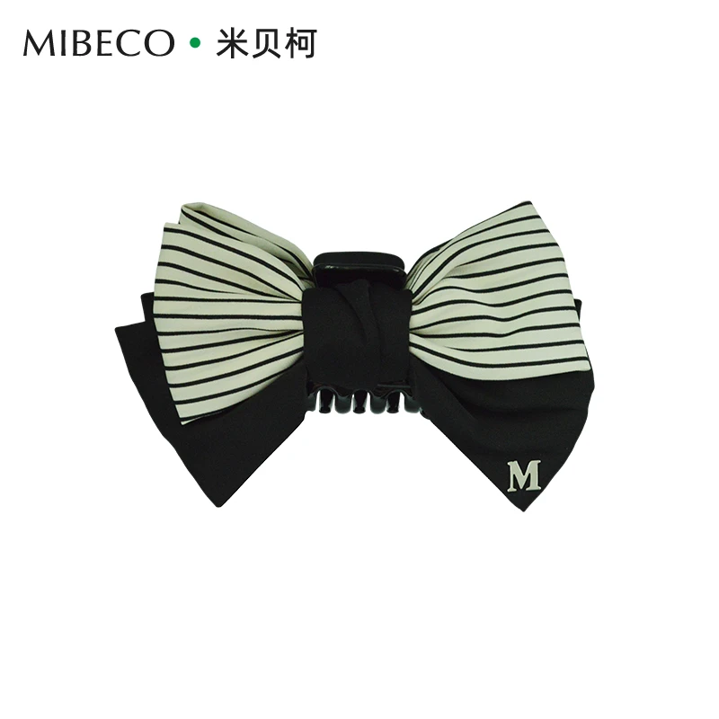 双面蝴蝶结抓夹法式条纹布艺发饰优雅大号发夹黑色可爱轻奢头饰