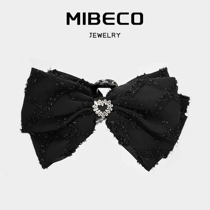 Mibeco在逃公主黑色蝴蝶结抓夹爱心水钻精致气质发夹优雅大号发卡