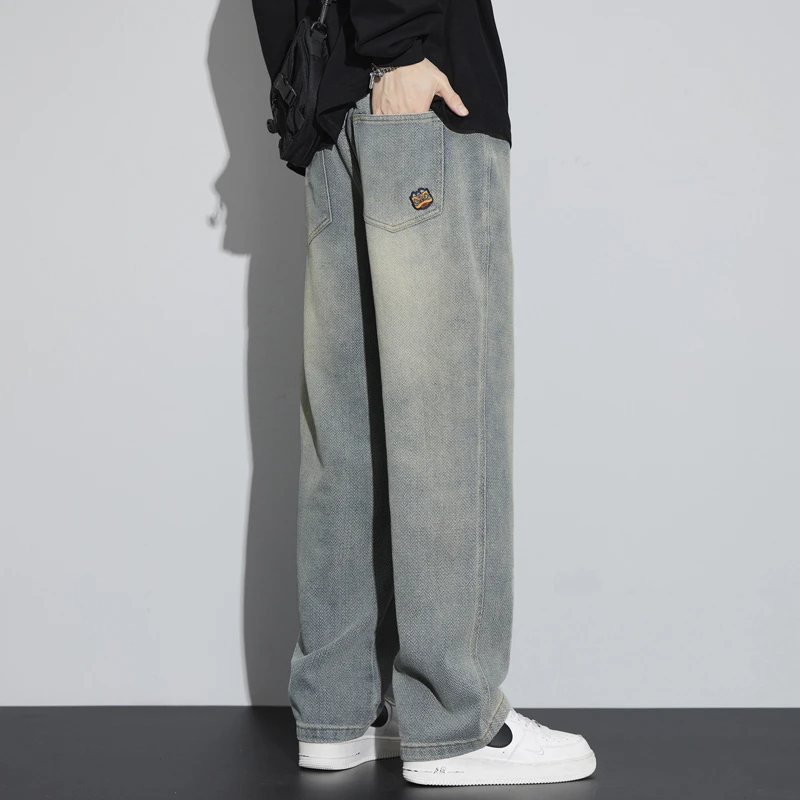 加绒加厚牛仔裤男款秋冬星空纹窄版直筒宽松潮牌美式复古休闲长裤