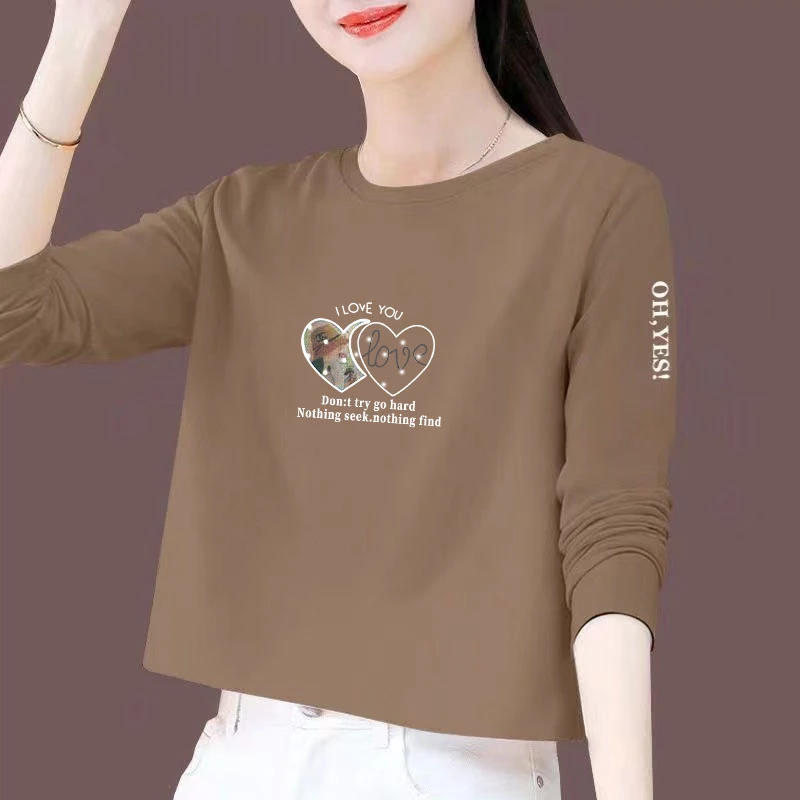 高档纯棉上衣女春秋新款潮流韩版百搭t恤圆领休闲长袖T恤卫衣女