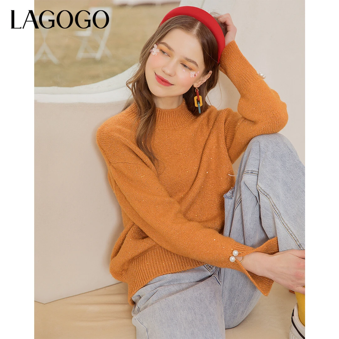 Lagogo拉谷谷春秋新款半高圆领套头亮片毛衣长袖毛针织衫女纯色
