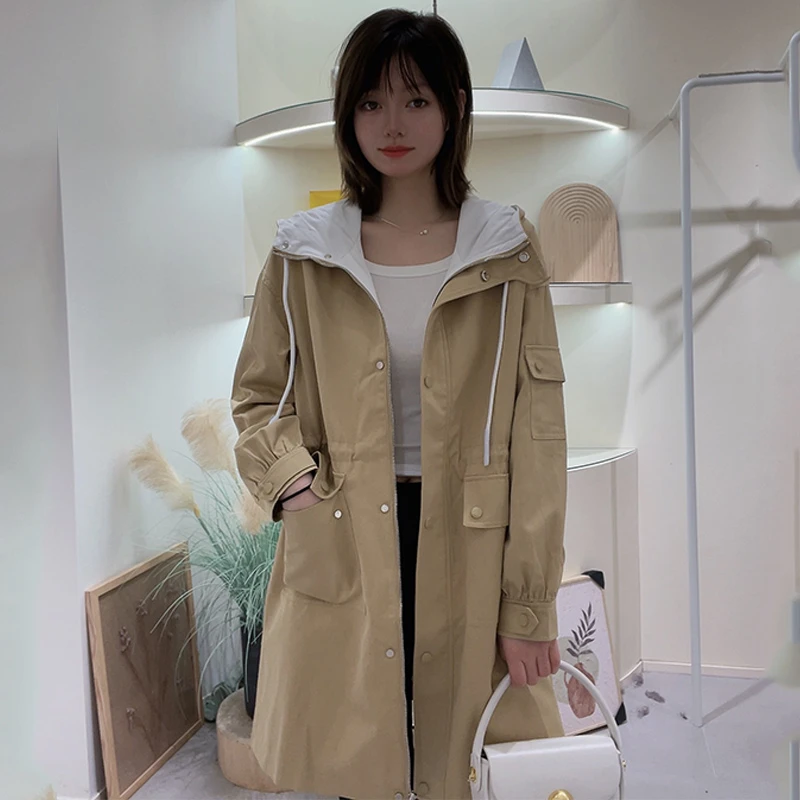 Lagogo拉谷谷春秋显瘦气质小个子时尚休闲连帽宽松卡其百搭春季