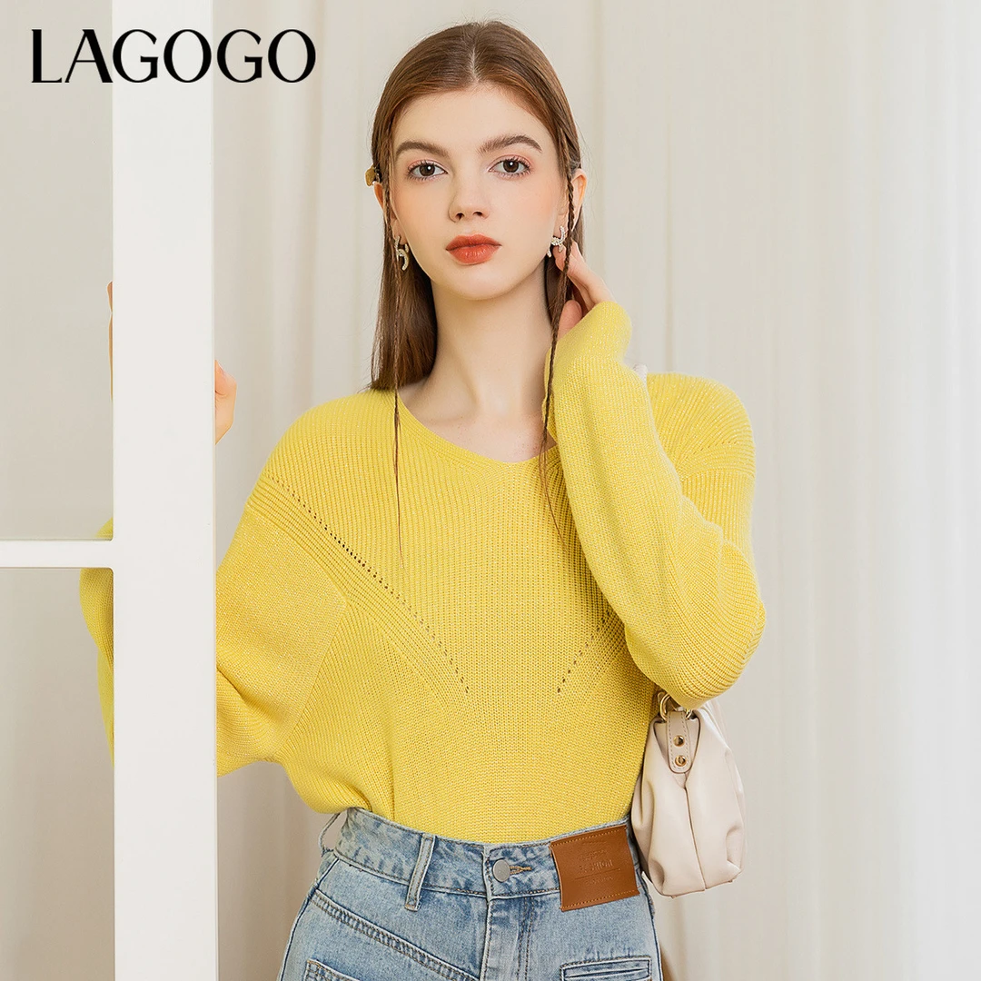 Lagogo拉谷谷新款芥末黄V领含亮丝花型套头长袖针织衫女显瘦上衣