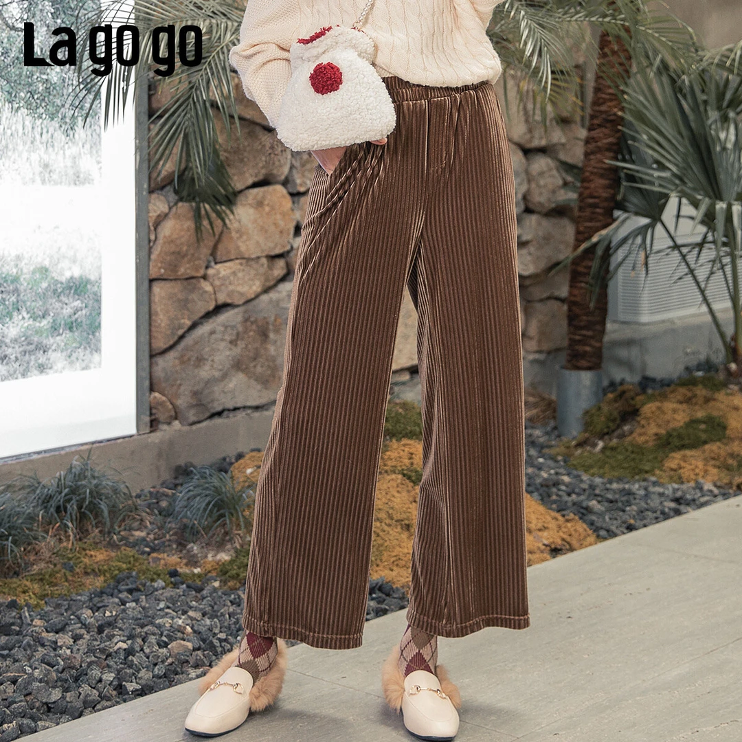 Lagogo/拉谷谷冬季复古松紧高腰长裤宽松阔腿裤休闲裤女秋冬显瘦