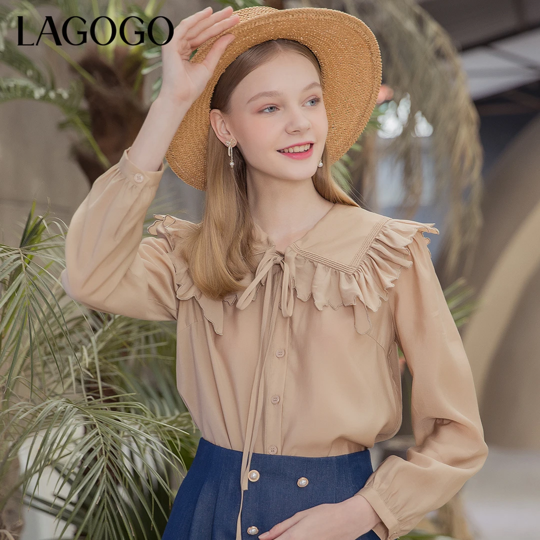 Lagogo拉谷谷春秋娃娃领驼色娃娃领泡泡袖上衣女学院风气质甜美