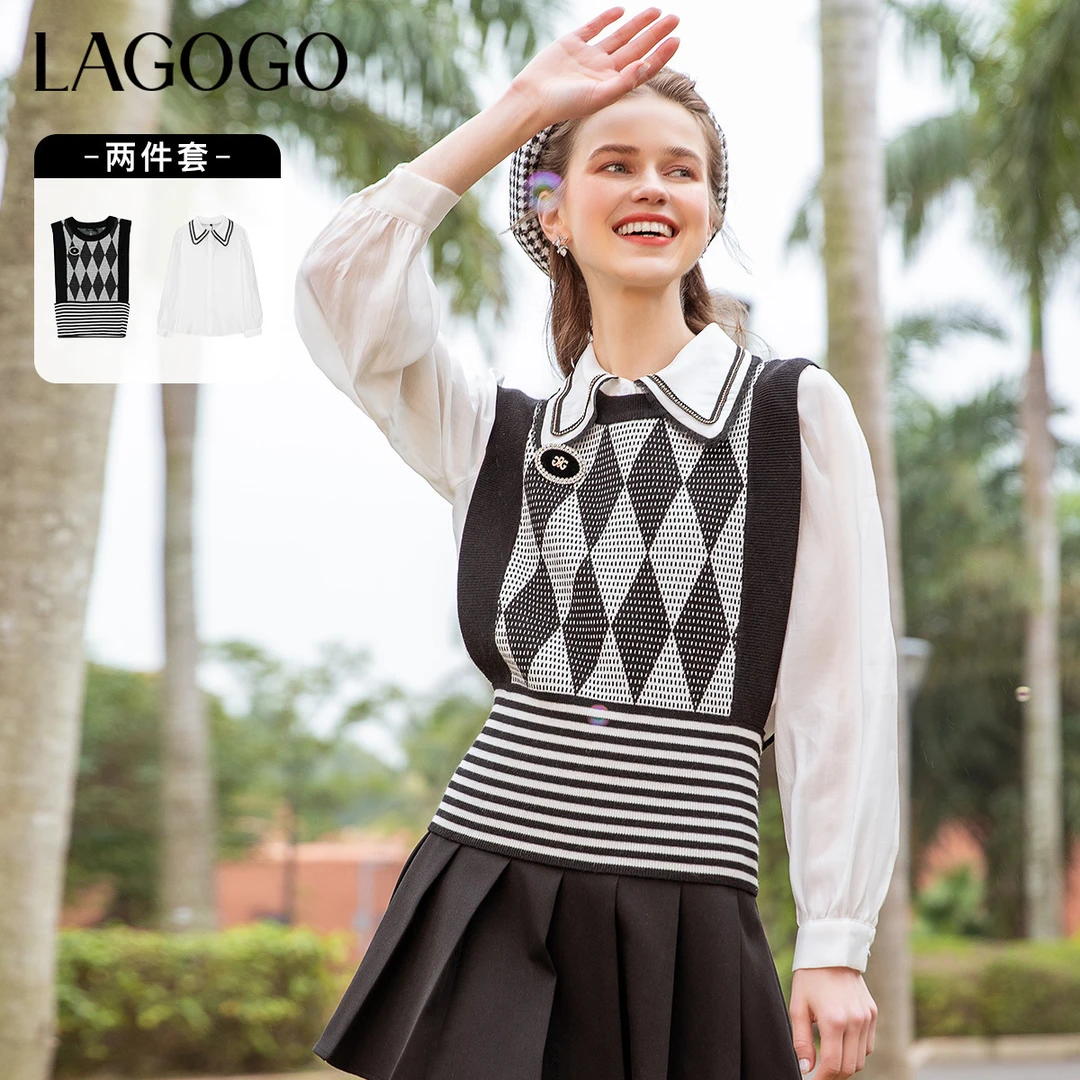 Lagogo拉谷谷春季新款针织衫学院风两件套女翻套头拼接毛衣