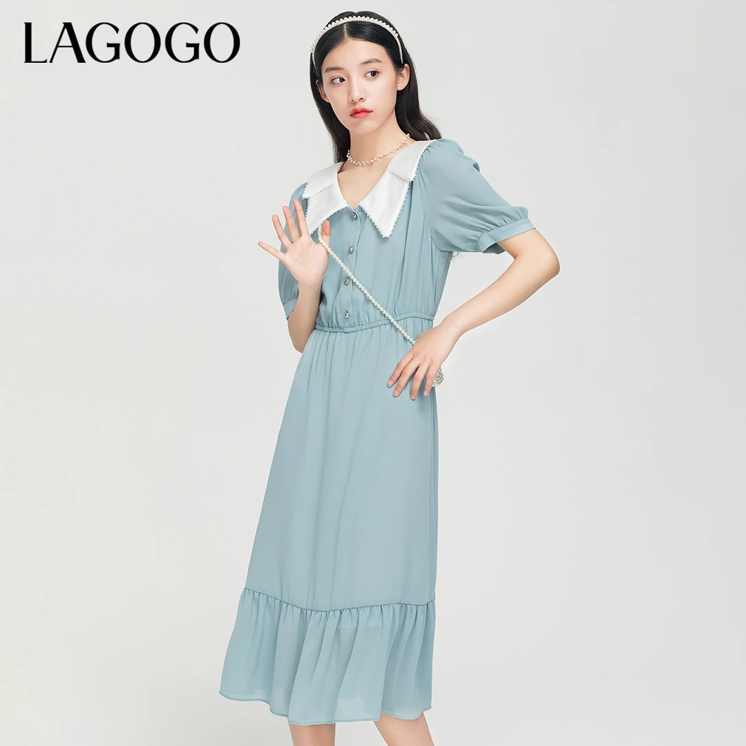 Lagogo拉谷谷夏季新款娃娃领泡泡袖短袖松紧拼接时尚气质