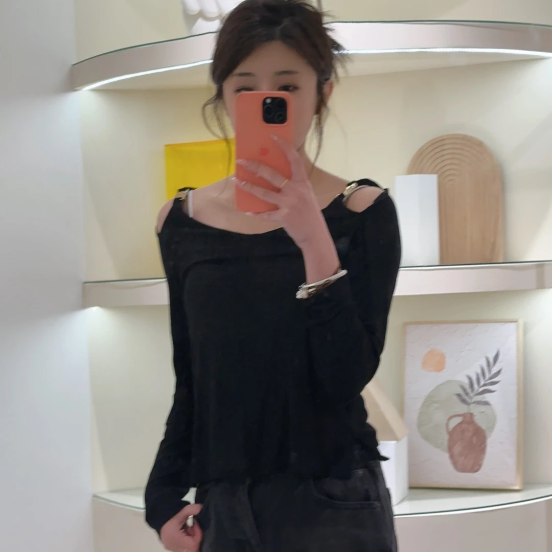 LAGOGO拉谷谷专柜新款黑色修身气质上衣时尚百搭遮肉