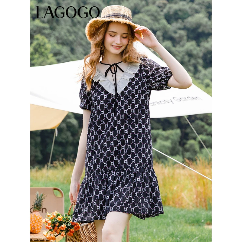 Lagogo夏季新款圆领拼接连衣裙女雪纺高腰A字裙法式收腰碎花