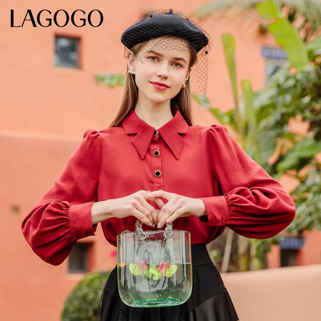 Lagogo拉谷谷春季新款方领复古上衣女红色泡泡袖新年雪纺衫
