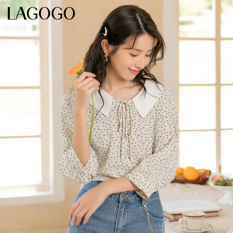 Lagogo新款V领撞色拼接设上衣女LCSS407C13碎花气质洋气时尚