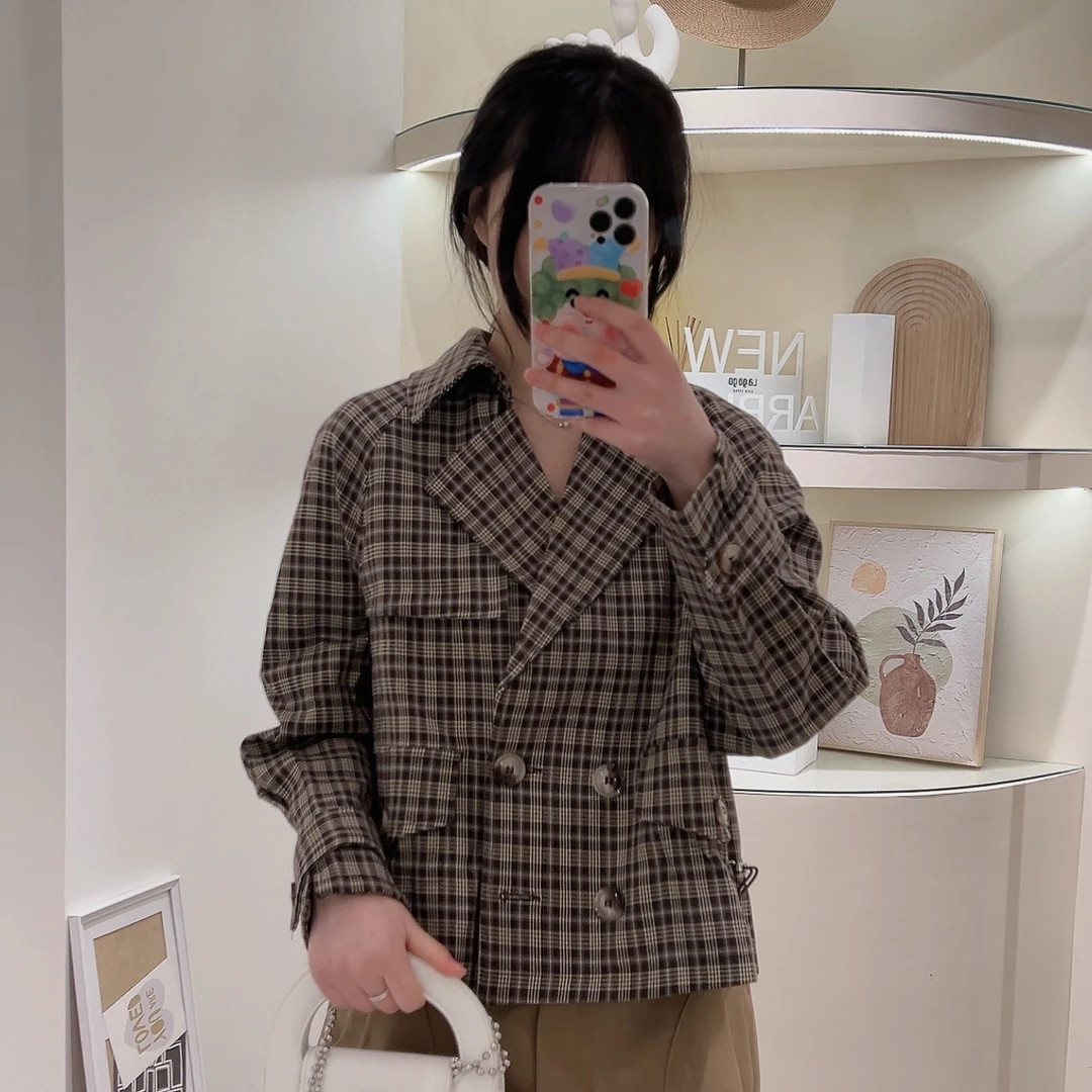 Lagogo/拉谷谷LAGOGO上衣西装短款休闲复古宽松格子格纹