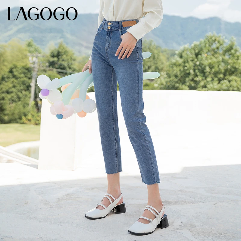 Lagogo拉谷谷新款高腰复古纽扣牛仔裤女LCNN437C92裤子直筒