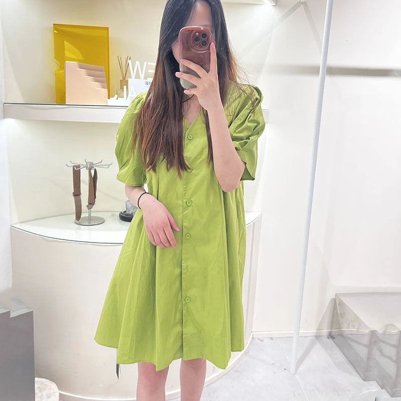 Lagogo/拉谷谷LAGOGO拉谷谷专柜新款绿色显白连衣裙时尚百搭