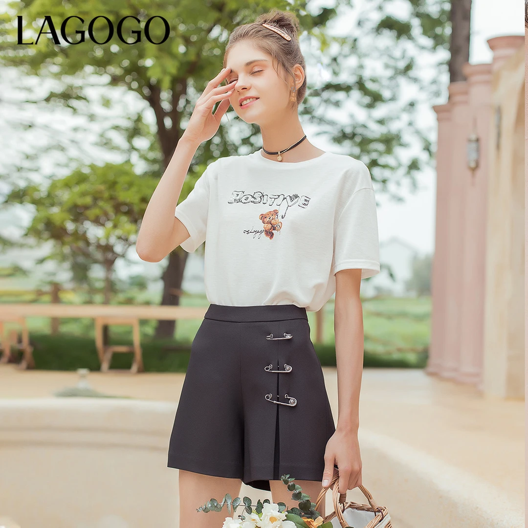 Lagogo拉谷谷高腰黑色简约休闲宽松时尚百搭气质短裤女KAKK134B85