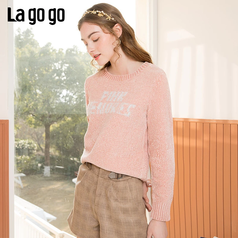 Lagogo/拉谷谷圆领毛衫粉红色上衣针织衫女套头学院风毛衣休闲