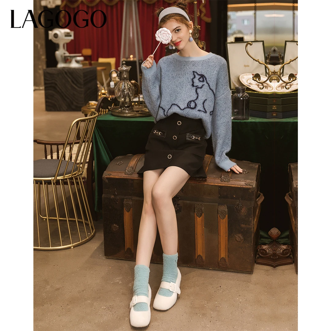 Lagogo拉谷谷新款春秋小香风裙子时尚a字裙高腰短裙黑色半身裙女