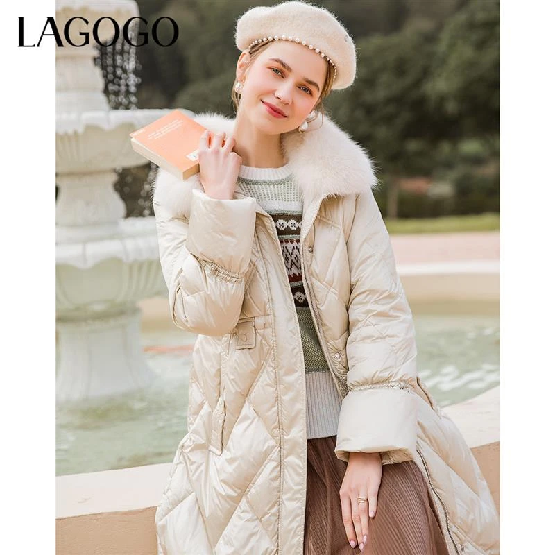 Lagogo拉谷谷冬季新款狐狸毛领中长款羽绒服女白鸭绒修身女羽绒服