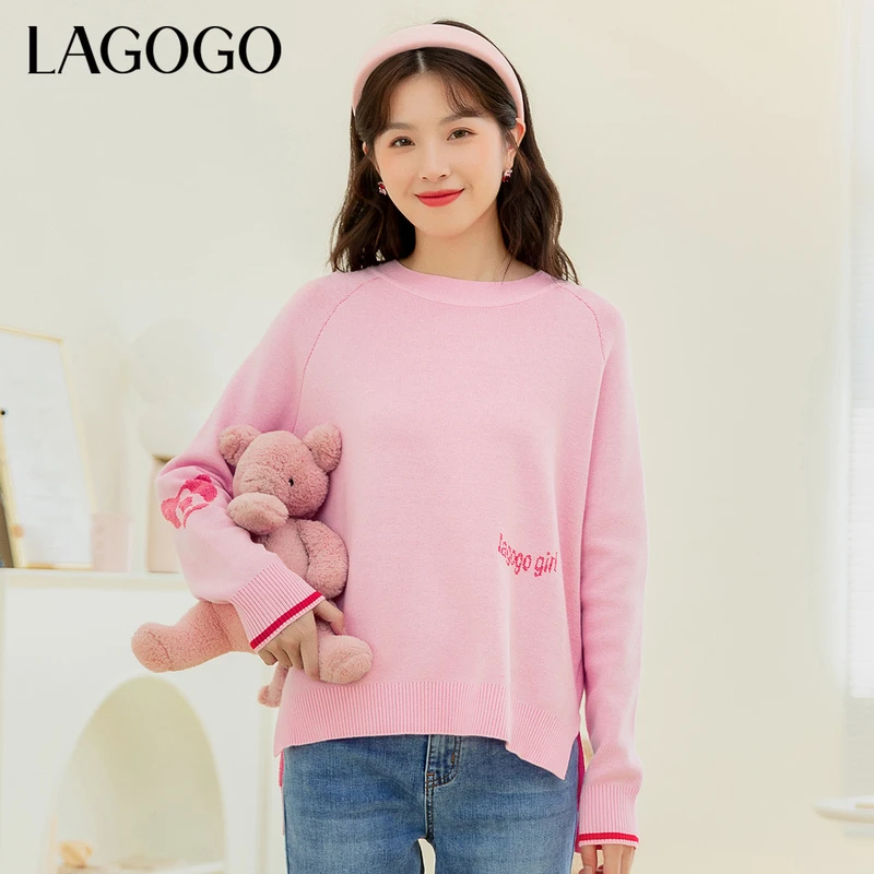 Lagogo新款圆领撞色字母印花针织衫女LCMM438C32毛衣时尚休闲